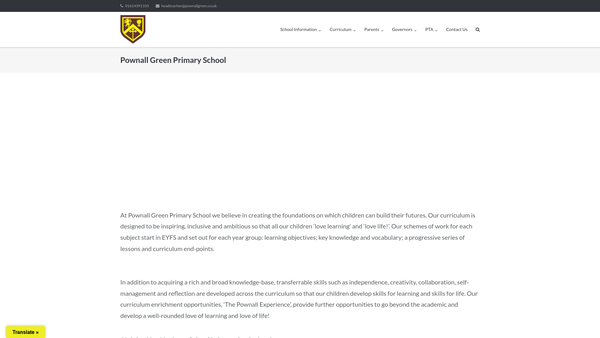Screenshot of the Pownall Green Primary School Parent Teacher Association website
