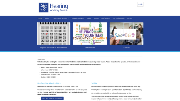 Screenshot of the Hertfordshire Hearing Advisory Service website