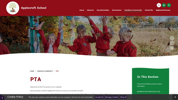 Screenshot of the Applecroft School Parent Teacher Association website