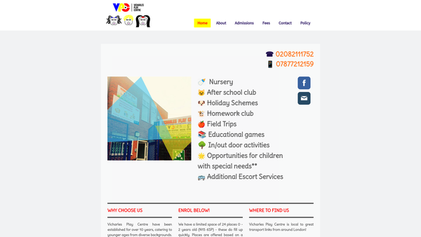 Screenshot of the Vicharles Play Centre website