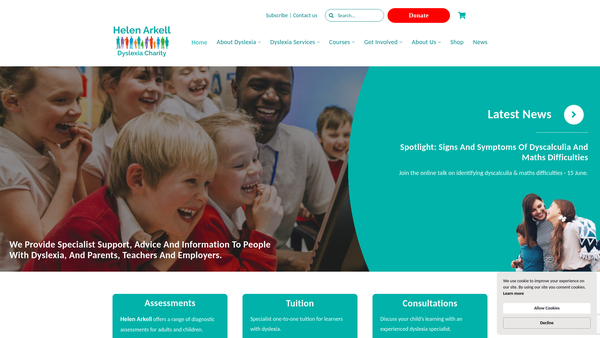 Screenshot of the Helen Arkell Dyslexia Charity website