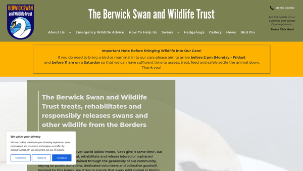 Screenshot of the Berwick Swan And Wildlife Trust website