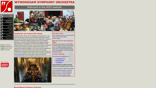 Screenshot of the Wymondham Symphony Orchestra website