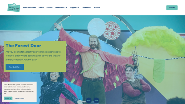 Screenshot of the Travelling Light Theatre Company website