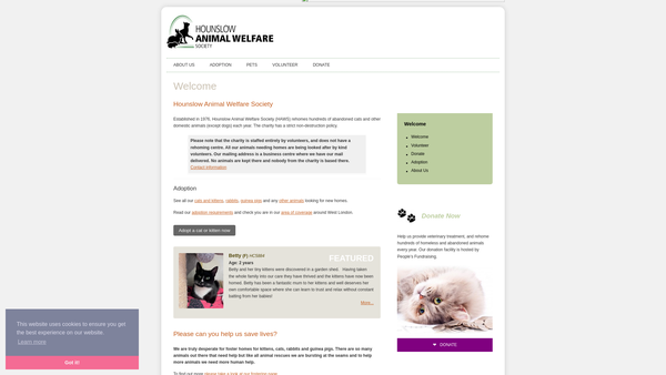 Screenshot of the Hounslow Animal Welfare Society website