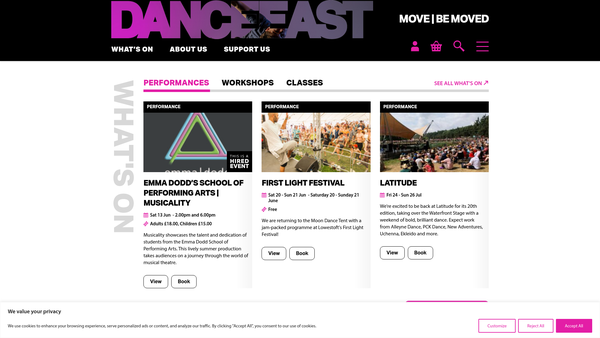 Screenshot of the Dance East website