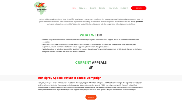Screenshot of the African Childrens Educational Trust website