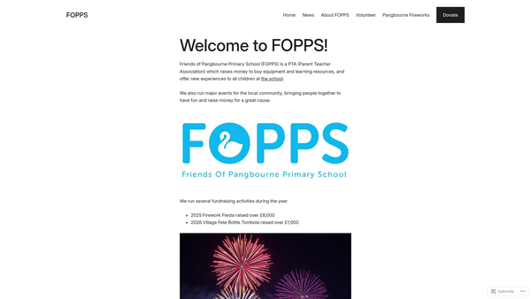 Screenshot of the Friends Of Pangbourne Primary School (Fopps) website