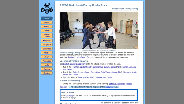 Screenshot of the Royal Scottish Country Dance Society Berks/ Hants/ Surrey Border Branch website