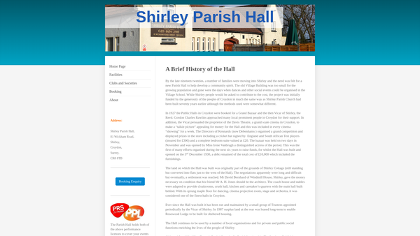 Screenshot of the Shirley Parish Hall website