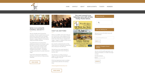 Screenshot of the Claygate Choral Society website
