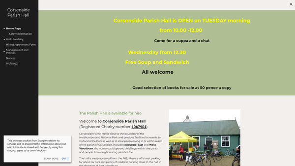 Screenshot of the Corsenside Parish Hall website