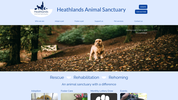 Screenshot of the Heathlands Animal Sanctuary website