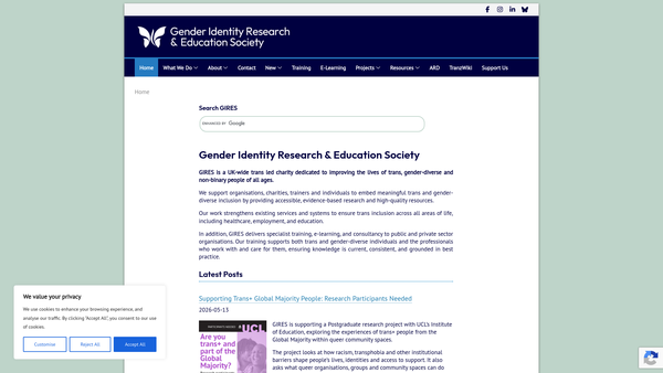 Screenshot of the The Gender Identity Research Education Society website