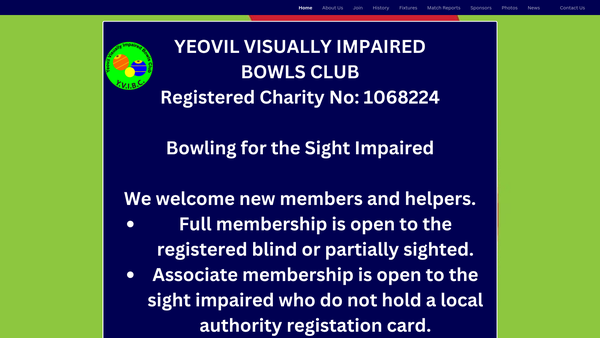 Screenshot of the Yeovil Visually Impaired Bowls Club website
