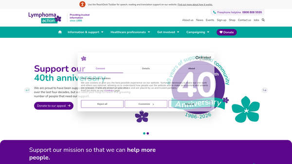 Screenshot of the Lymphoma Action website