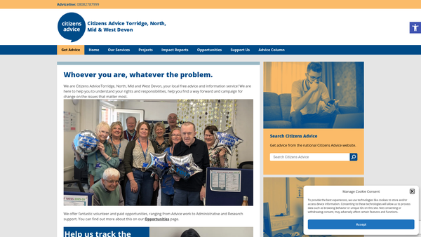 Screenshot of the Torridge, North, Mid And West Devon Citizens Advice Bureau website