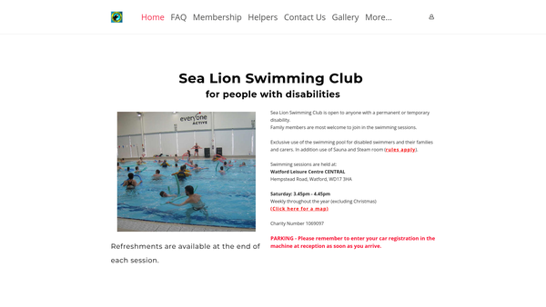 Screenshot of the Sea Lion Swimming Club website