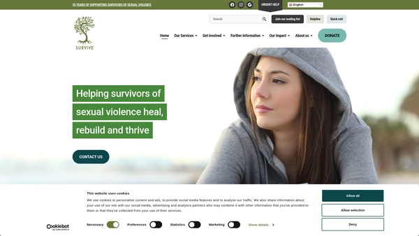 Screenshot of the Survive (Support For Survivors Of Rape And Sexual Abuse) website