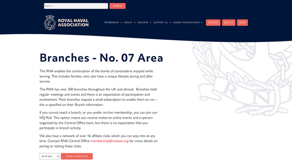 Screenshot of the Royal Naval Association Number Seven Area website