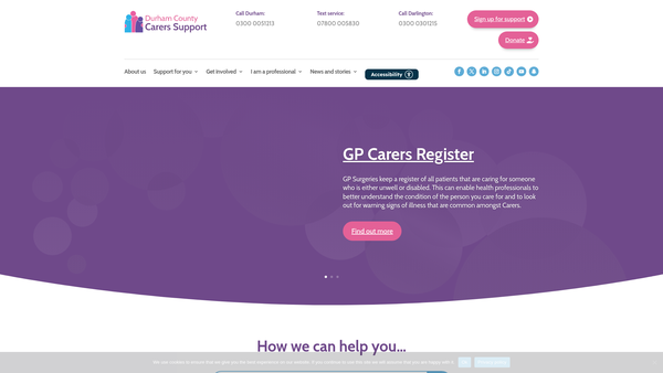 Screenshot of the Durham County Carers Support website