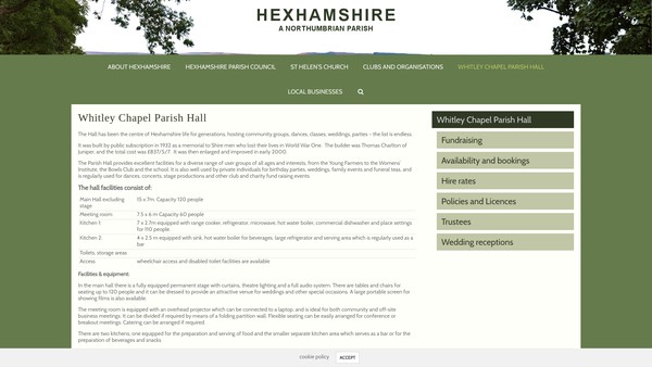 Screenshot of the Whitley Chapel Parish Hall Charitable Trust website