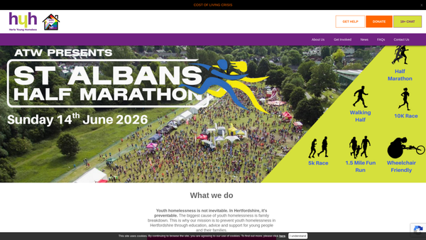 Screenshot of the Herts Young Homeless Group website