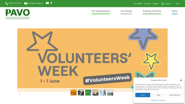 Screenshot of the Powys Association Of Voluntary Organisations Cymdeithas Mudiadau Gwirfoddol Powys website