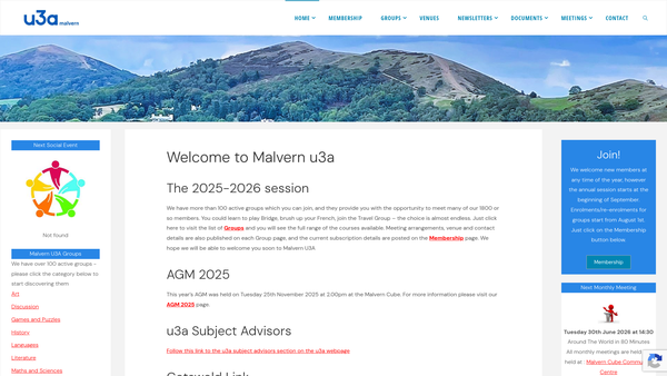 Screenshot of the Malvern U3A website