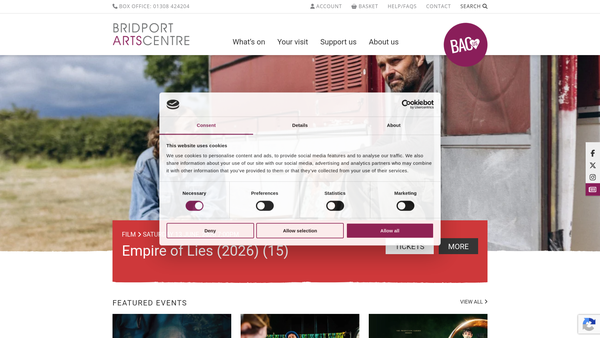 Screenshot of the Bridport Arts Centre website