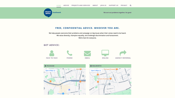 Screenshot of the Southwark Citizens Advice Bureaux Service website