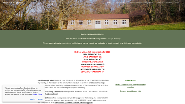 Screenshot of the Redford Village Hall website
