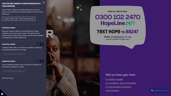 Screenshot of the Papyrus Prevention Of Young Suicide website