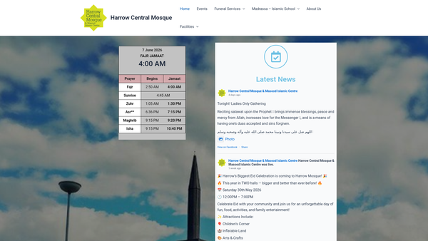 Screenshot of the Harrow Central Mosque website