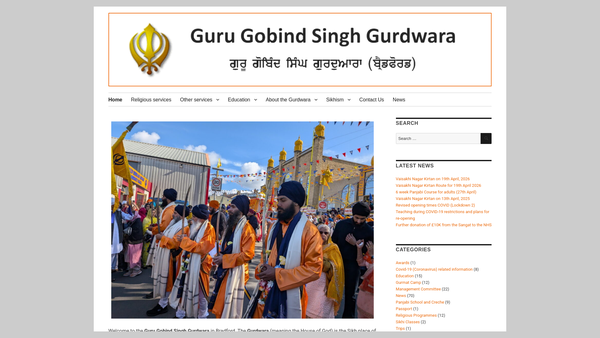 Screenshot of the The United Sikh Association Guru Gobind Singh Gudwara website