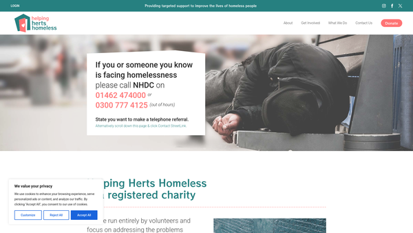 Screenshot of the Helping Herts Homeless website