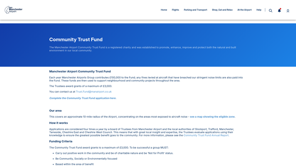 Screenshot of the Manchester Airport Community Trust Fund website