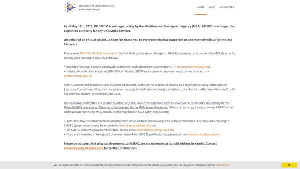 Screenshot of the Association Of Marine Electronic And Radio Colleges Limited website