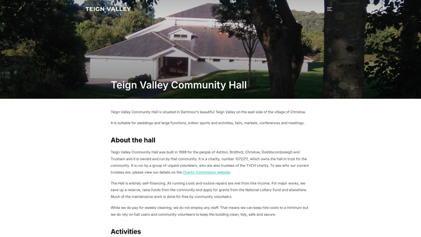Screenshot of the Teign Valley Community Hall website