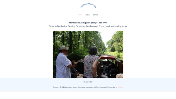 Screenshot of the Camberley District Open Mind Association website
