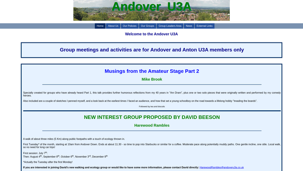 Screenshot of the The Andover U3A website