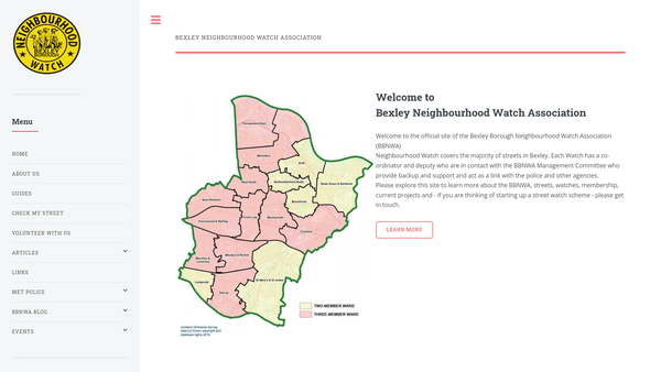 Screenshot of the Bexley Borough Neighbourhood Watch Association website