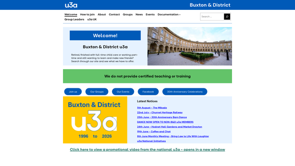 Screenshot of the Buxton & District U3A website