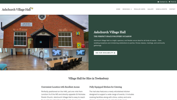 Screenshot of the Ashchurch Village Hall Charity website