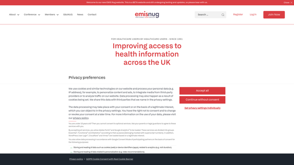 Screenshot of the The Emis National User Group website
