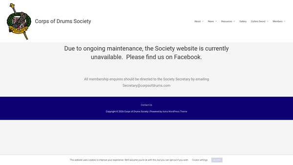 Screenshot of the Corps Of Drums Society For The Preservation Of Drum And Fife Music website