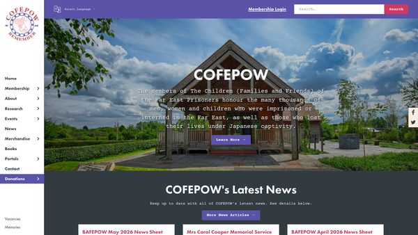 Screenshot of the COFEPOW - THE CHILDREN, (FAMILIES and FRIENDS) OF THE FAR EAST PRISONERS OF WAR website