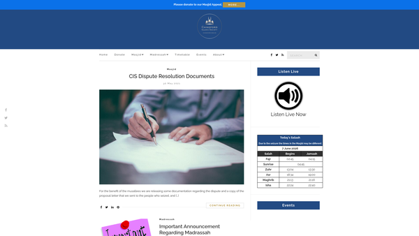 Screenshot of the Chingford Islamic Society website