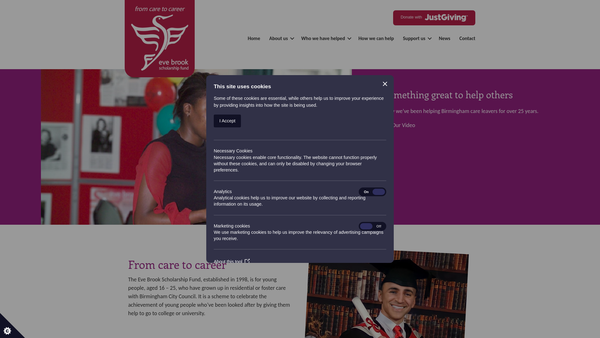 Screenshot of the The Eve Brook Scholarship Fund website