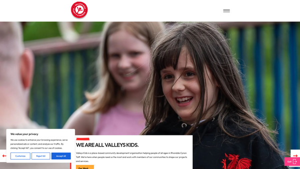 Screenshot of the Valleys Kids website
